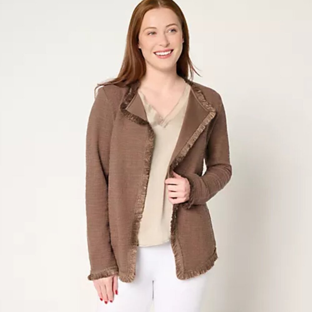 Belle by Kim Gravel Fringe Benefit Tweed Jacket French Chocolate XL A698181